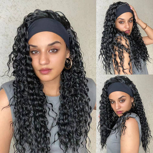 Wigs deep wave Wigs with Headband Natural black Synthetic 24inch