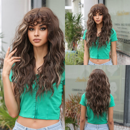 Wigs Long curly wig with bangs Brown Synthetic 24inch