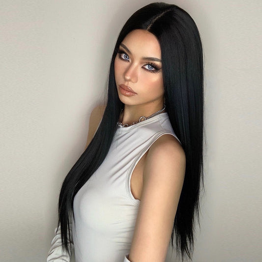 Wigs T part lace wig Long straight black Synthetic 28inch