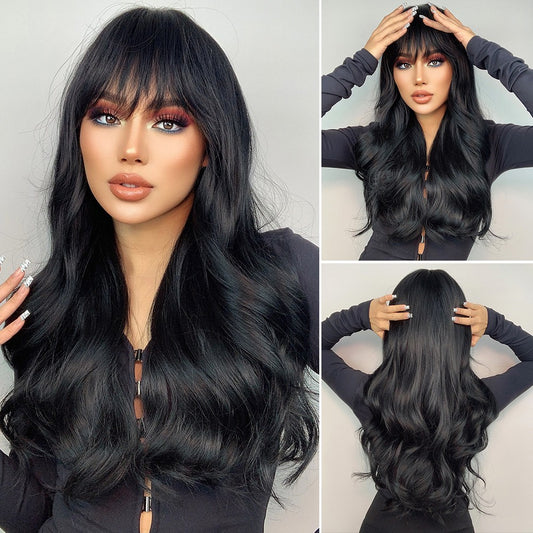 Wigs Long wig with bangs Natural Black Synthetic 26inch