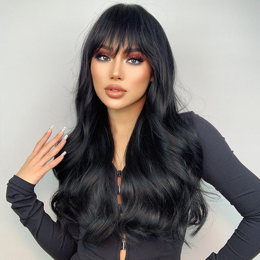 Wigs Long wig with bangs Natural Black Synthetic 26inch