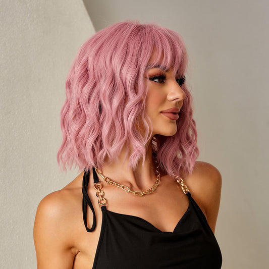 Wigs Water wave short wigs Bob style Pink Synthetic 14inch