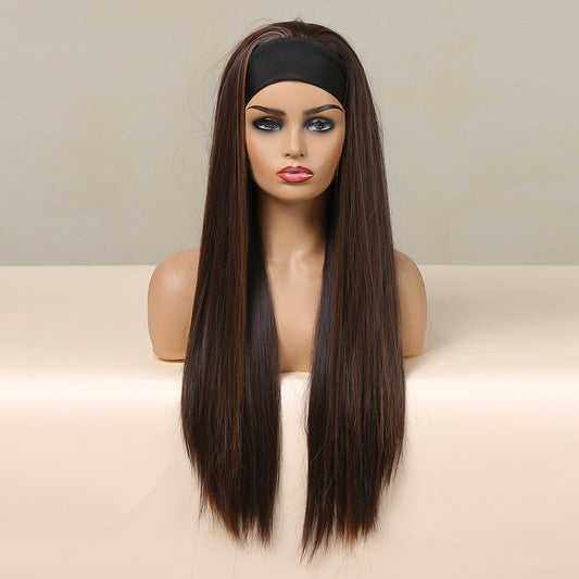 Wigs Long Straight Wigs with Headband Brown Synthetic 28inch