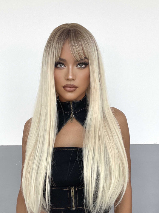 Wigs Long straight wig with bangs Blonde Synthetic 24inch