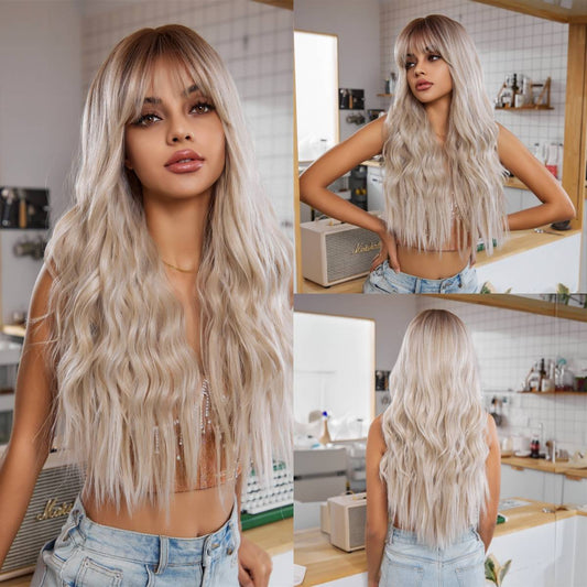 Wigs body wave wig with bangs blonde Synthetic long 28inch