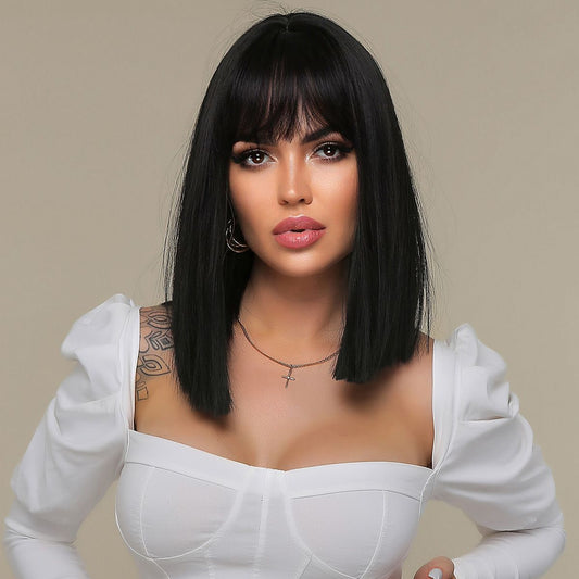 Wigs wear go wig with bangs natural black Synthetic 14inch