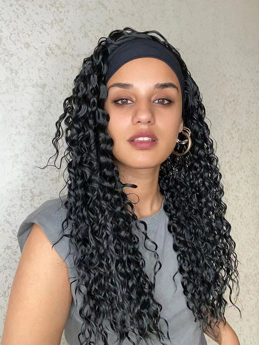 Wigs deep wave Wigs with Headband Natural black Synthetic 24inch