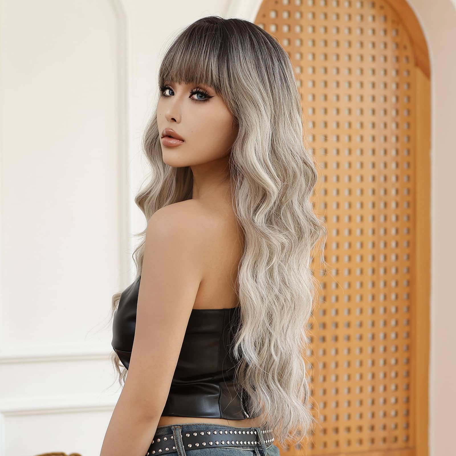 Wigs Body Wave Longue With Bangs Wigs Gradual Gray Synthetic