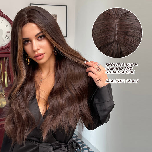 Wigs body wave Ombre Long wig Deep Brown Synthetic 24inch