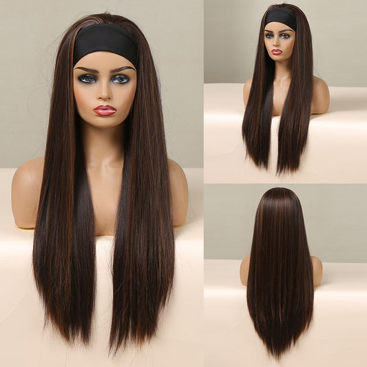 Wigs Long Straight Wigs with Headband Brown Synthetic 28inch