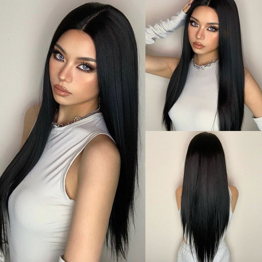 Wigs T part lace wig Long straight black Synthetic 28inch