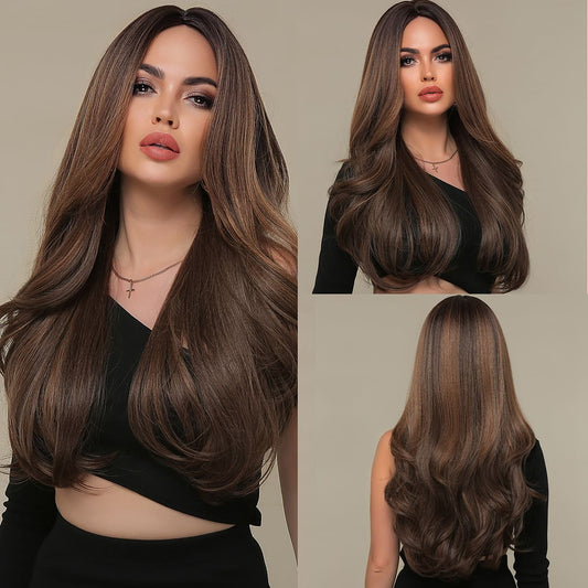 Wigs Water Wave Longue Middle part Wigs Brown Synthetic 20inch