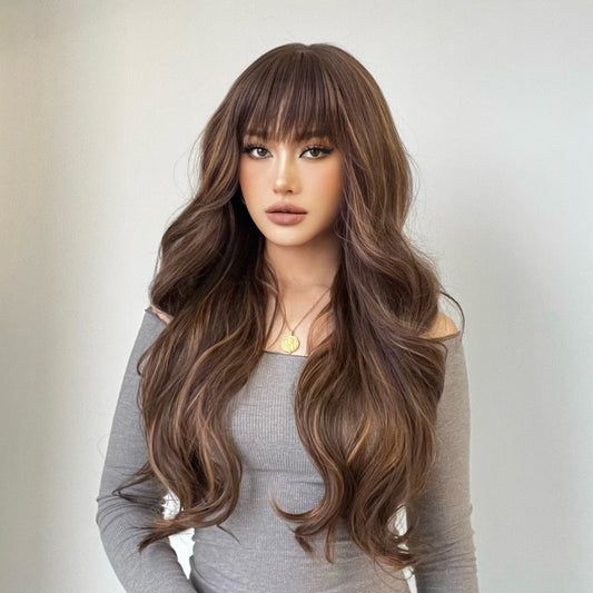 Wigs body wave wig with bangs Long Synthetic 28inch