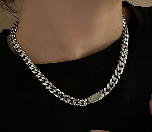 Silver Cuban Link Chain Necklace Button Clasp