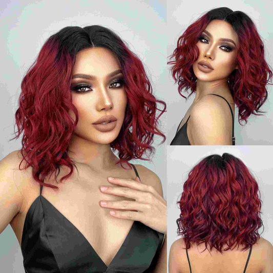 Wigs lace wigs T part body wave Red mid-length Synthetic 16inch