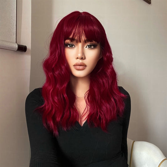 Wigs water wave wig with bangs Burgundy Red Mid Synthetic 22inch