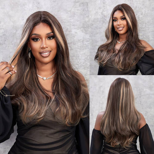 Wigs T part Lace body wave Ombre brown highlights wigs Synthetic 24inch