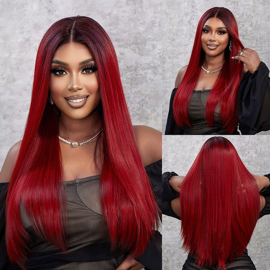 Wigs T part lace wigs Long straight Ombre black red Synthetic 24inch