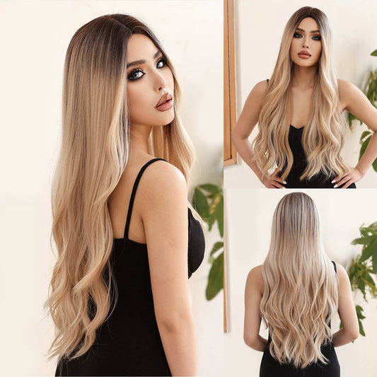 Wigs Water Wave Longue Middle part Wigs Blonde Synthetic 28inch