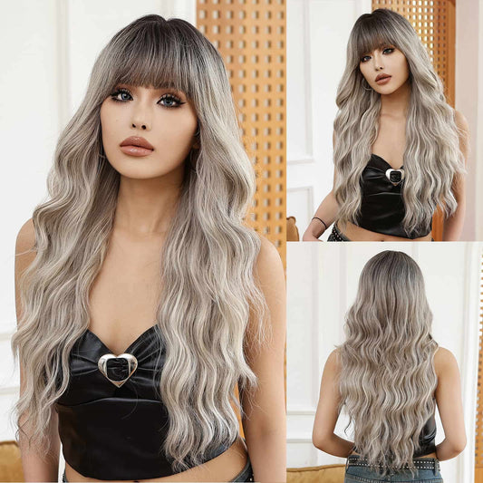 Wigs Body Wave Longue With Bangs Wigs Gradual Gray Synthetic 26inch