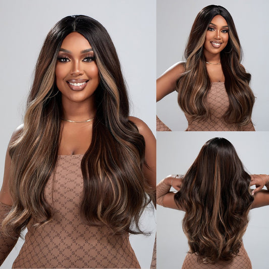 Wigs body wave Long wig Ombre Deep Brown Highlight Synthetic 24inch