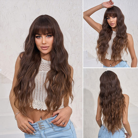 Wigs Body Wave Longue With Bangs Wigs Brown Synthetic 26inch