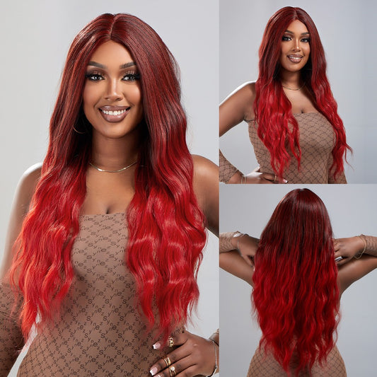 Wigs body wave Long wig Ombre Burgundy Red Synthetic 24inch