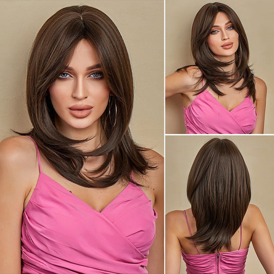 Wigs wear go Straight wigs mid length Brown Synthetic 20inch