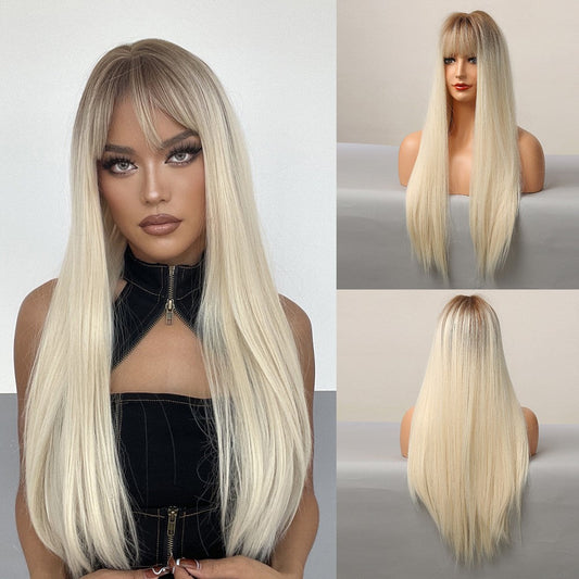 Wigs Long straight wig with bangs Blonde Synthetic 24inch