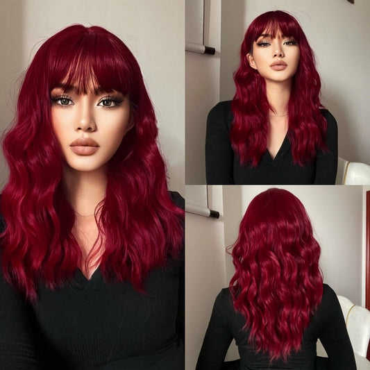 Wigs water wave wig with bangs Burgundy Red Mid Synthetic 22inch