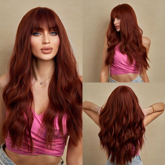 Wigs body wave wig with bangs Red Long Synthetic 24inch