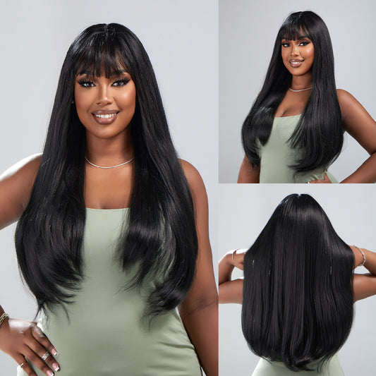 Wigs Long Straight wig with bangs Natural Black Synthetic 24inch