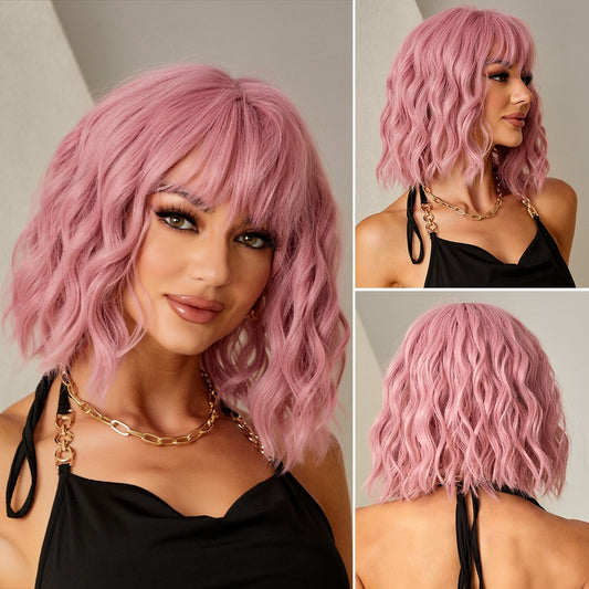 Wigs Water wave short wigs Bob style Pink Synthetic 14inch