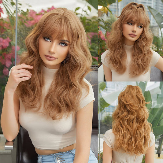 Wigs deep wave wig with bangs honey blonde Synthetic mid-length 22inch