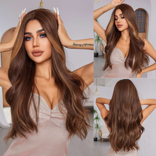 Wigs body wave wig middle part  long ombre brown Synthetic long 26inch