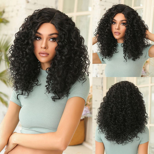 Wigs wear go curly wave wigs with shaggy natural black Synthetic 18inch