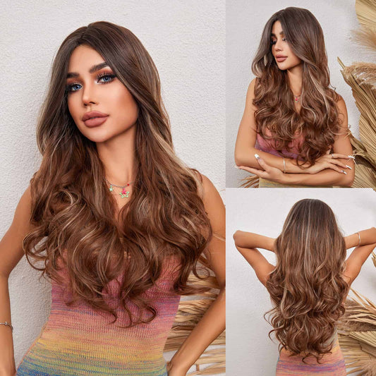 Wigs Water Wave Longue Middle part Wigs Ombre Brown Synthetic 20inch