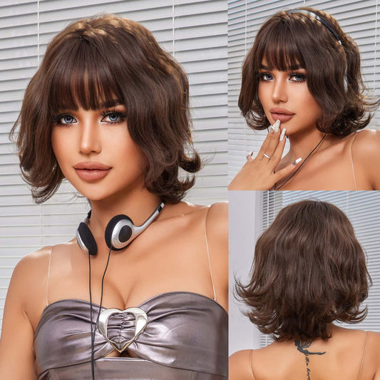 Wigs water wave wig with bangs brown Synthetic short 12inch